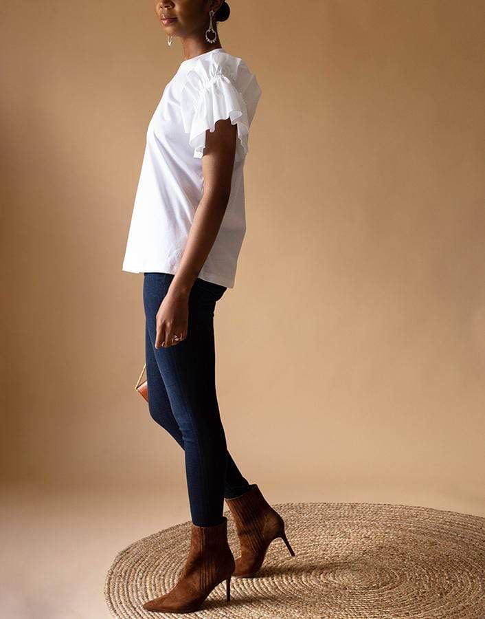 VICTORIA VICTORIA BECKHAM-White Ruffle Sleeve T-Shirt-