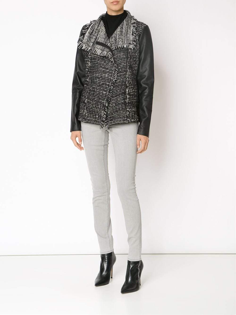 VINCE-Leather Sleeve Drape Front Jacket-