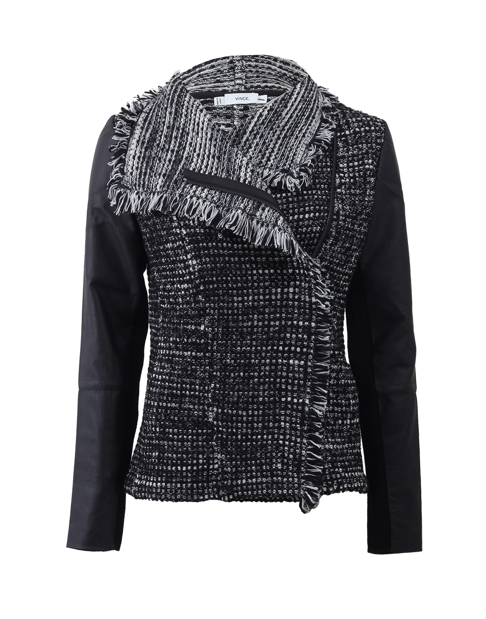 VINCE-Leather Sleeve Drape Front Jacket-