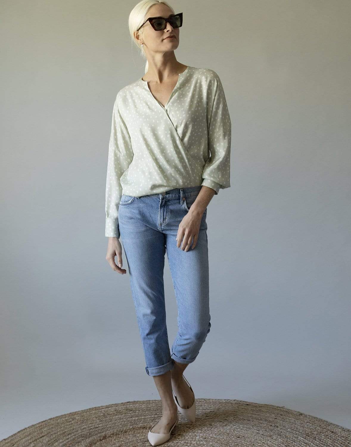 VINCE-Stone Dot Long Sleeve Wrap Blouse-