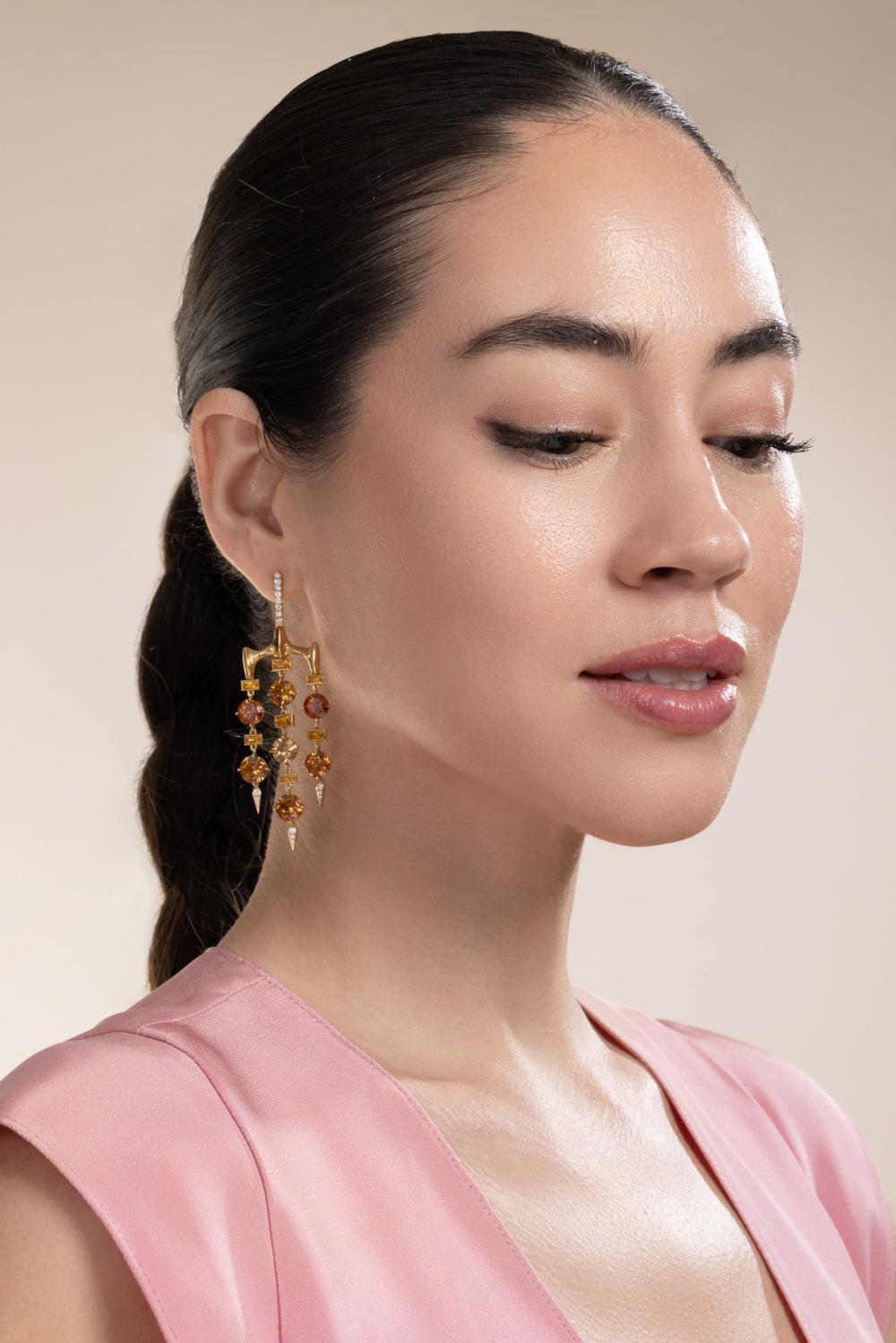 Orange Sapphire Chrona Chandelier Earrings-YELLOW GOLD-JEWELRYFINE JEWELEARRING-VRAM
