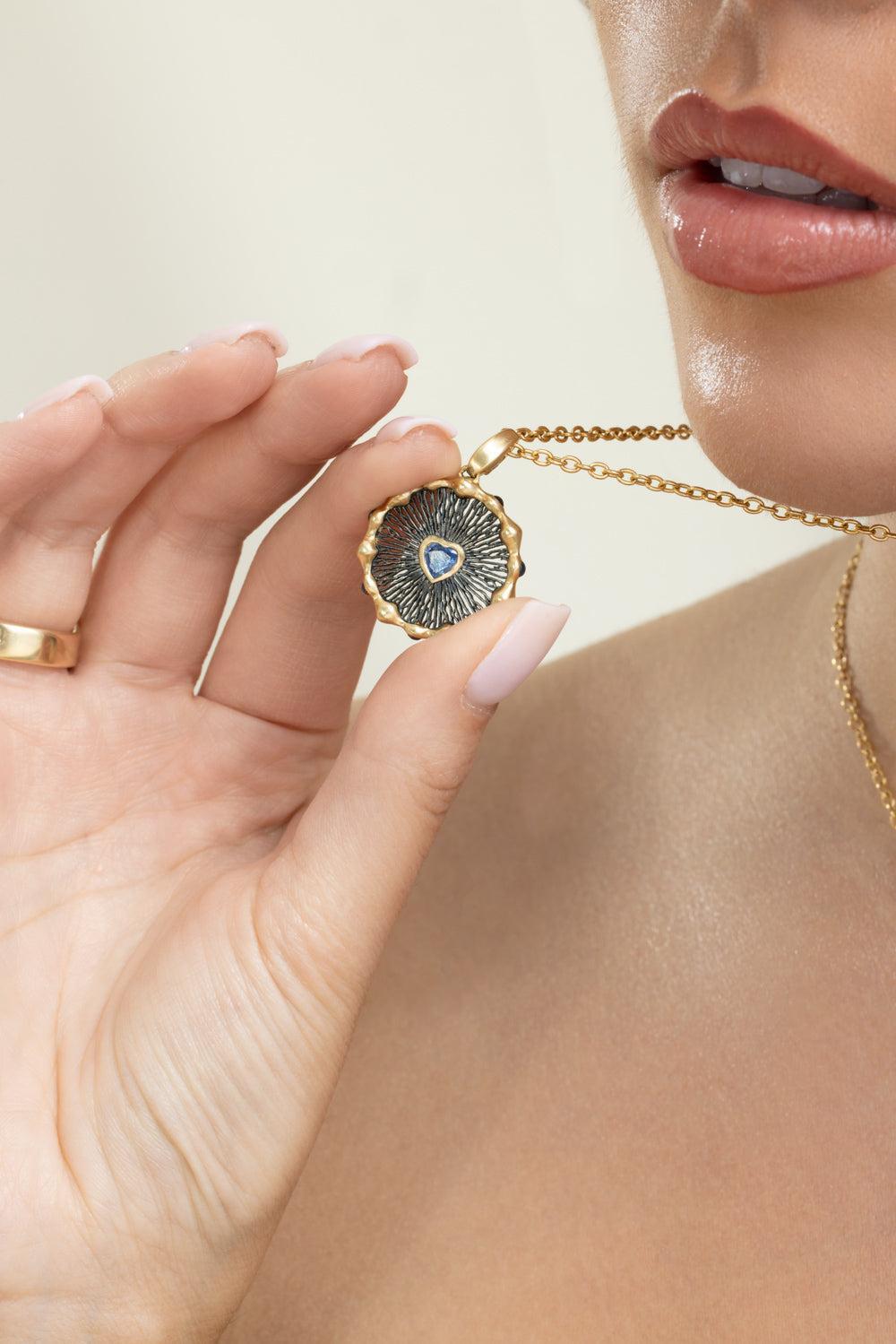 Blue Sapphire Heart Hypha Charm Necklace-YELLOW GOLD-JEWELRYFINE JEWELNECKLACE O-VRAM
