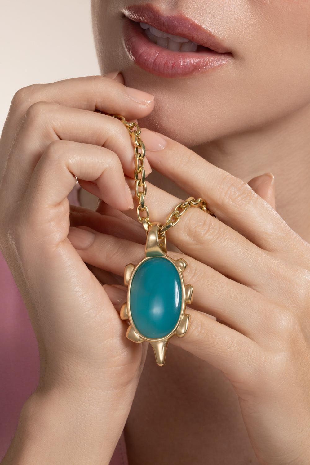 Chrysocolla Chrona Pendant-YELLOW GOLD-JEWELRYFINE JEWELPENDANT-VRAM