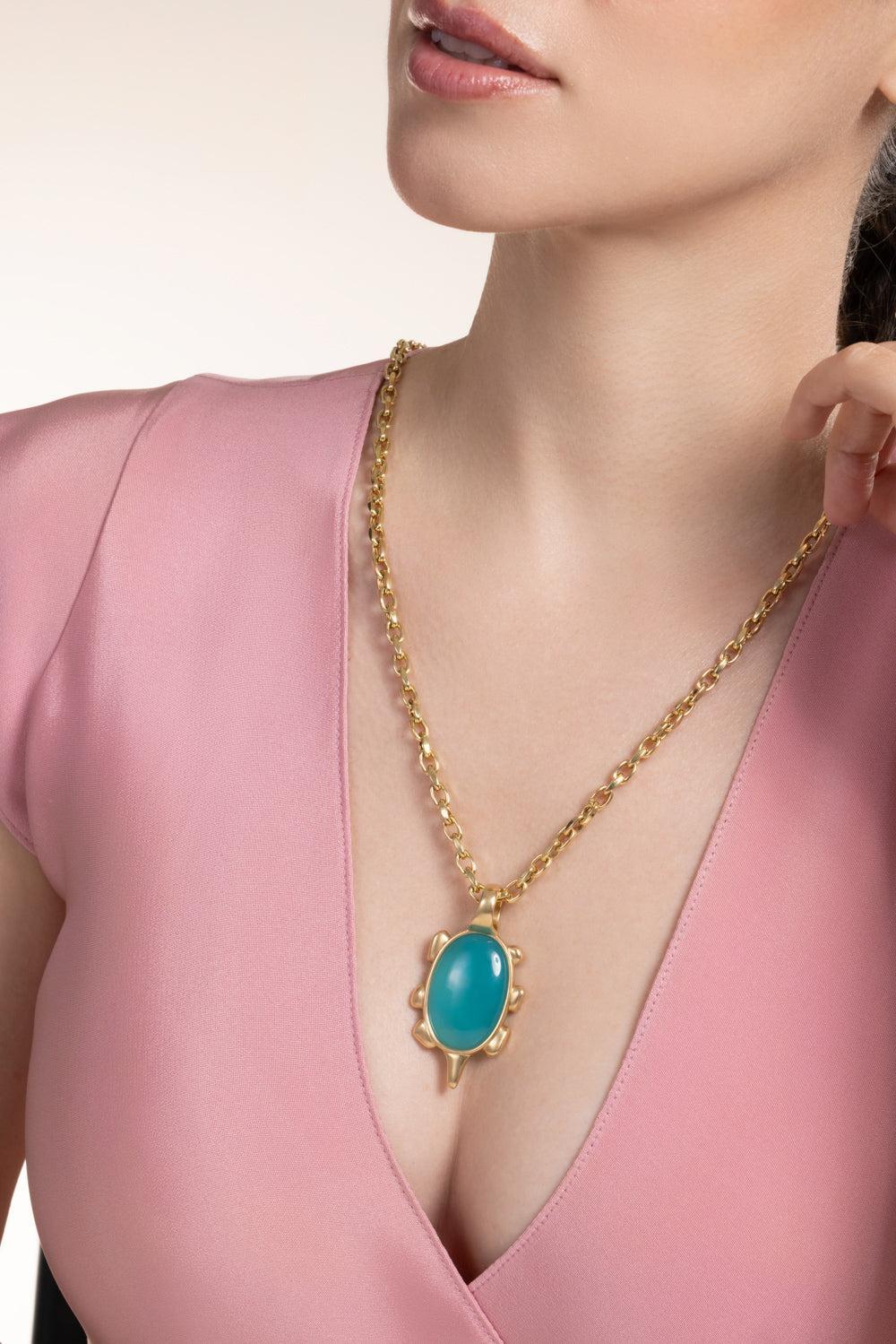 Chrysocolla Chrona Pendant-YELLOW GOLD-JEWELRYFINE JEWELPENDANT-VRAM