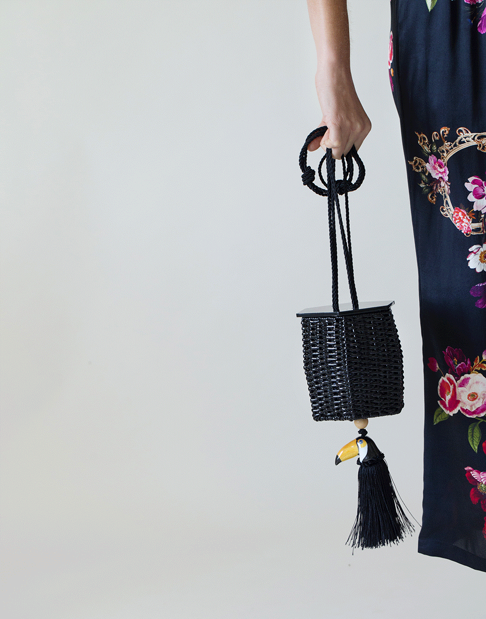 WAI WAI-Acrylic Cap Rattan Handbag-BLACK