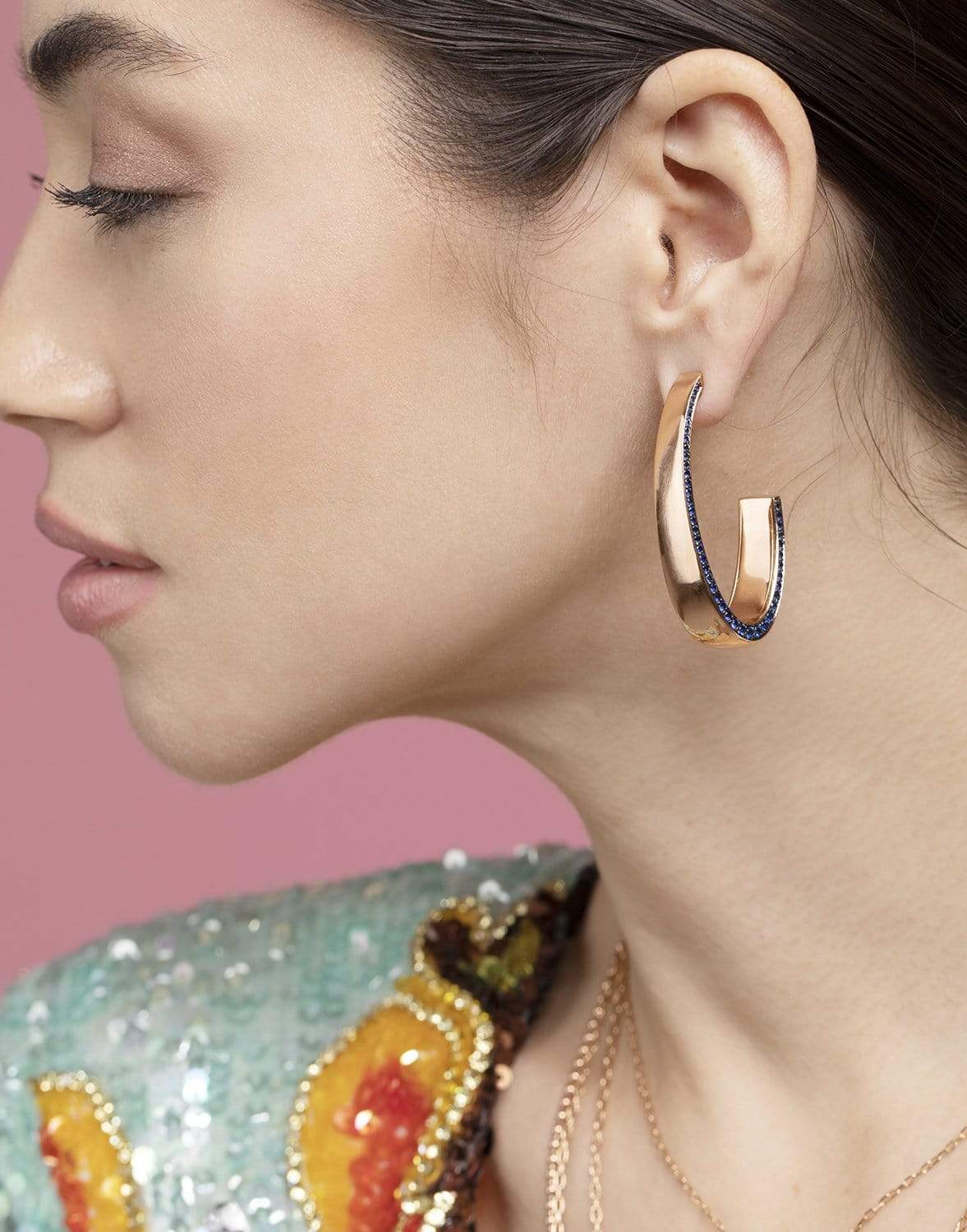 WALTERS FAITH-Lytton Blue Sapphire Edge Long Hoop Earrings-ROSE GOLD