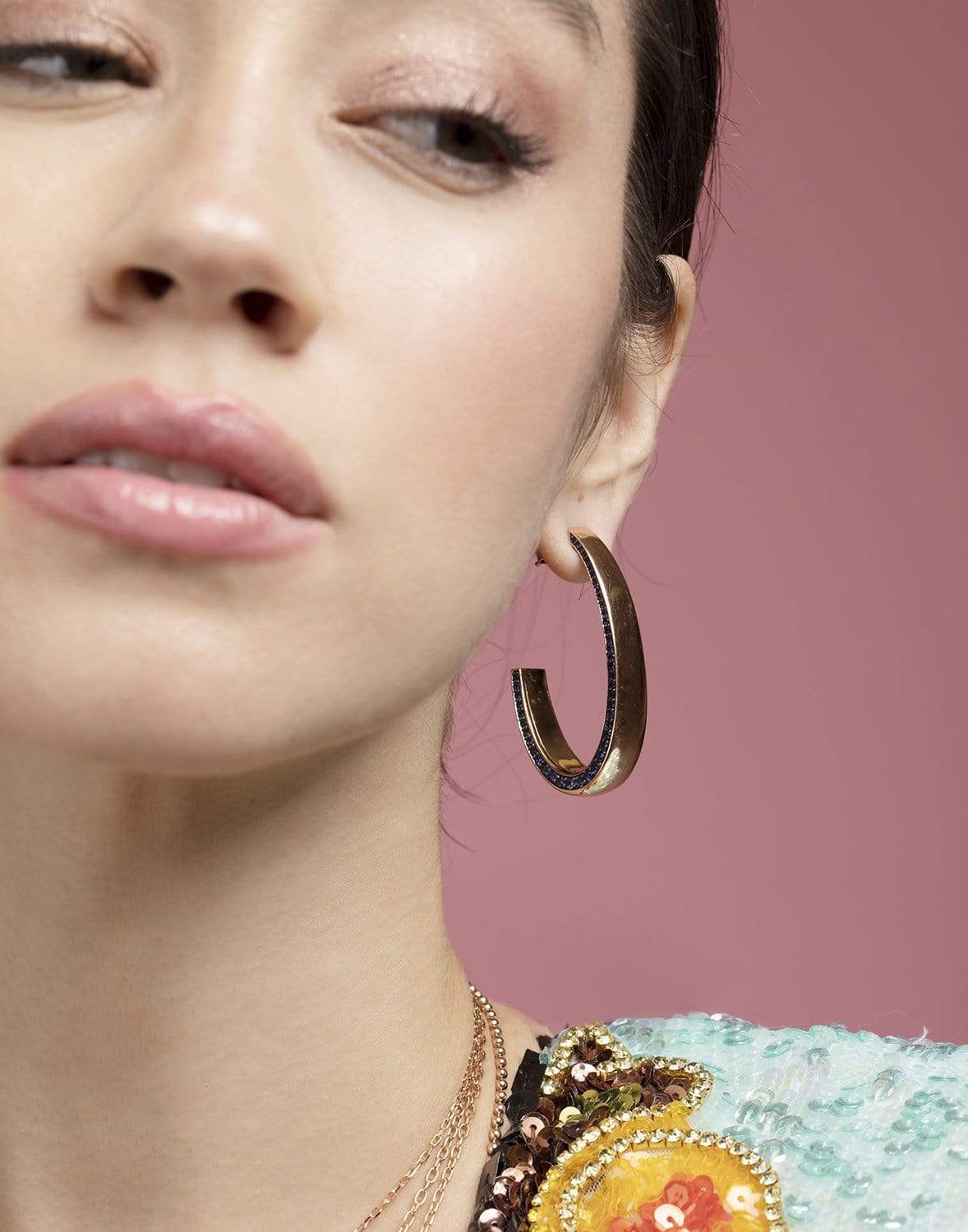 WALTERS FAITH-Lytton Blue Sapphire Edge Long Hoop Earrings-ROSE GOLD