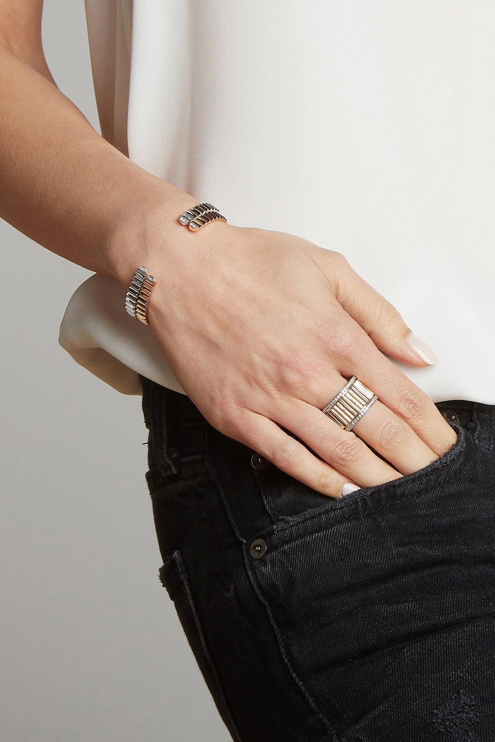 Clive Two Tone Diamond Fluted Band Ring - Yellow Gold-YELLOW GOLD-7-JEWELRYFINE JEWELRING-WALTERS FAITH