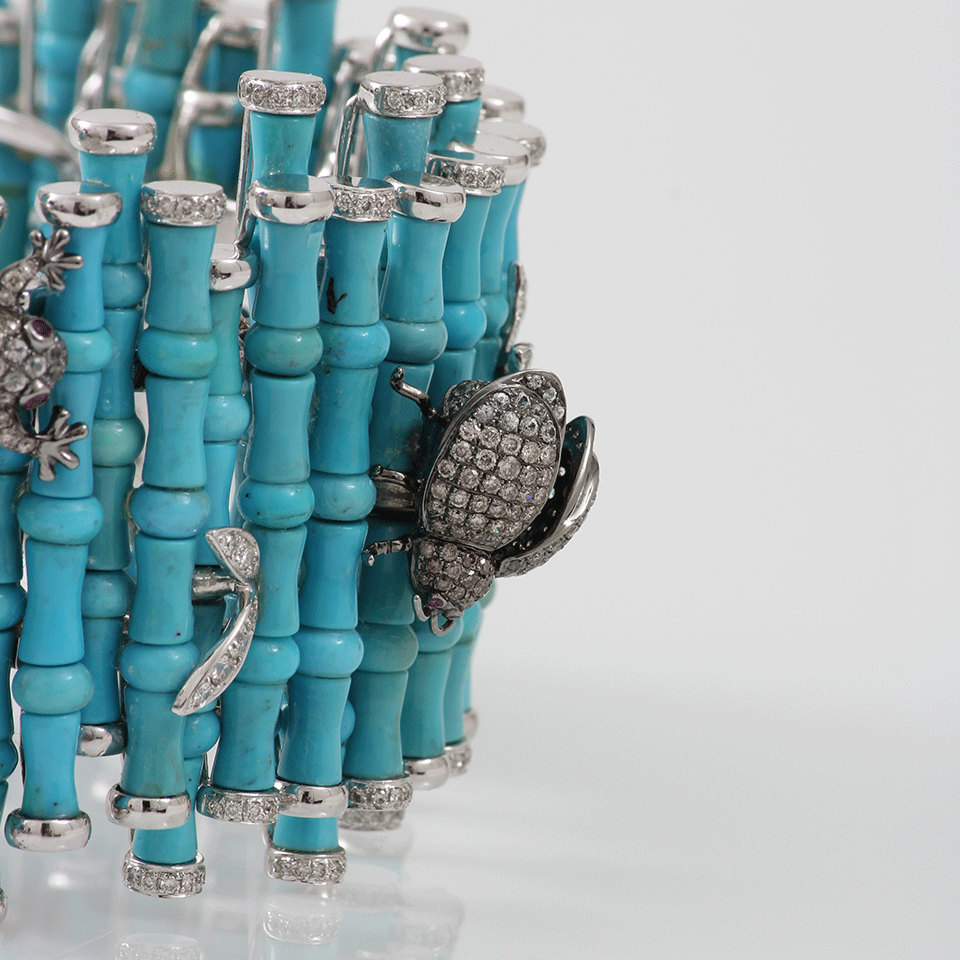 WENDY YUE-Turquoise Diamond Bamboo Cuff-WHITE GOLD