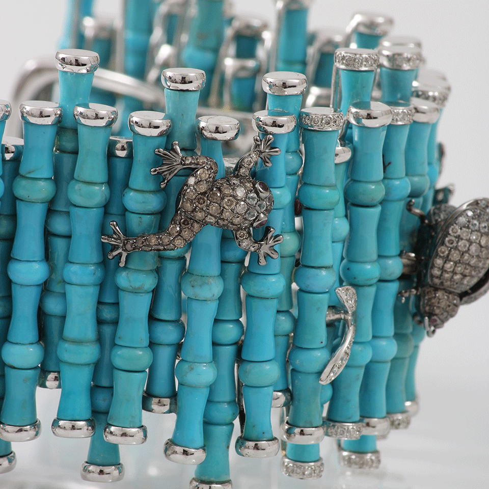 WENDY YUE-Turquoise Diamond Bamboo Cuff-WHITE GOLD