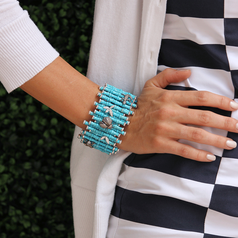 WENDY YUE-Turquoise Diamond Bamboo Cuff-WHITE GOLD