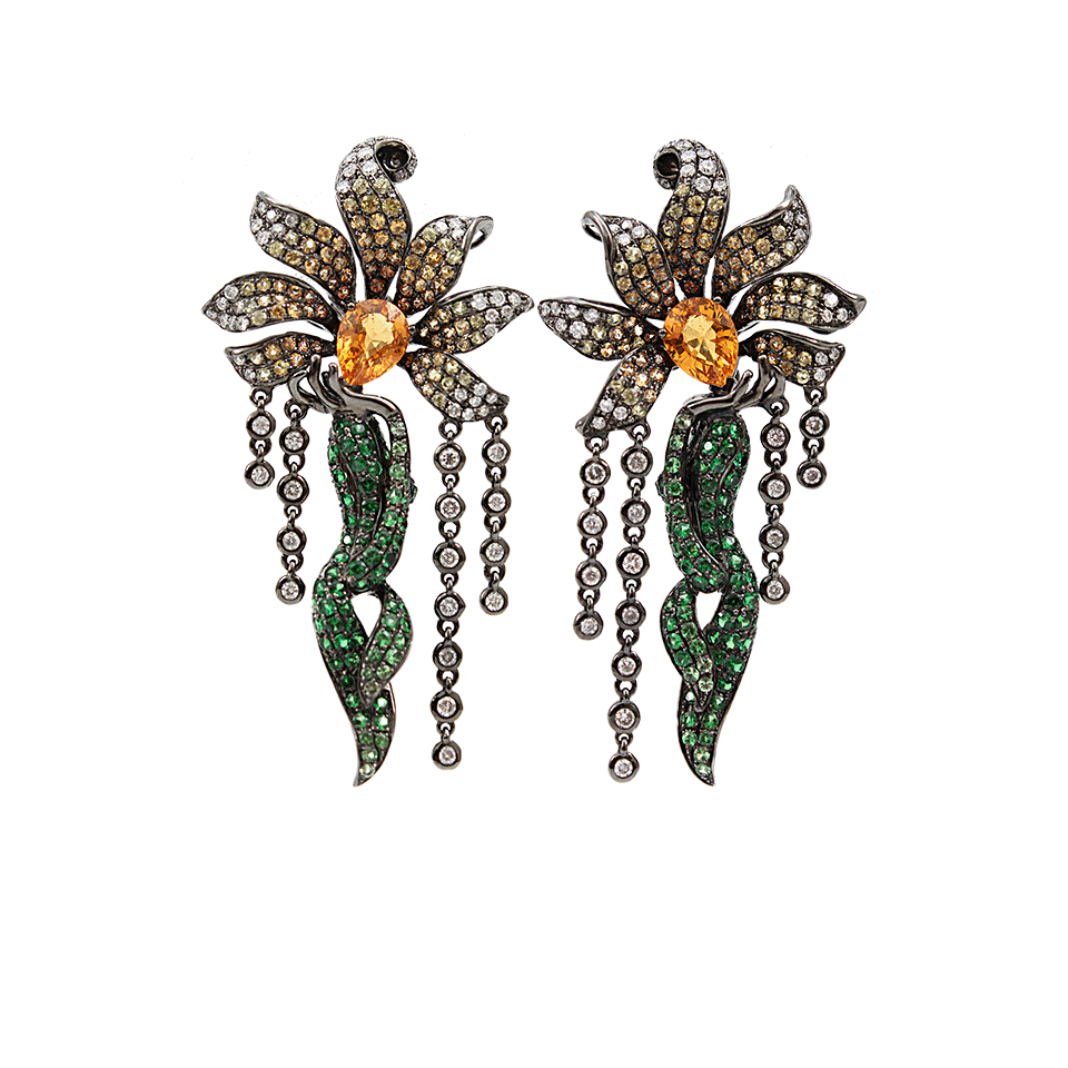 WENDY YUE-Diamond Daisy Fringe Earrings-BLACK GOLD