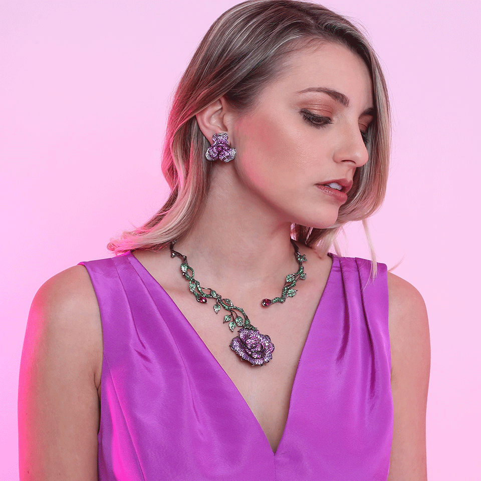 WENDY YUE-Pink Sapphire Flower Earrings-BLACK GOLD