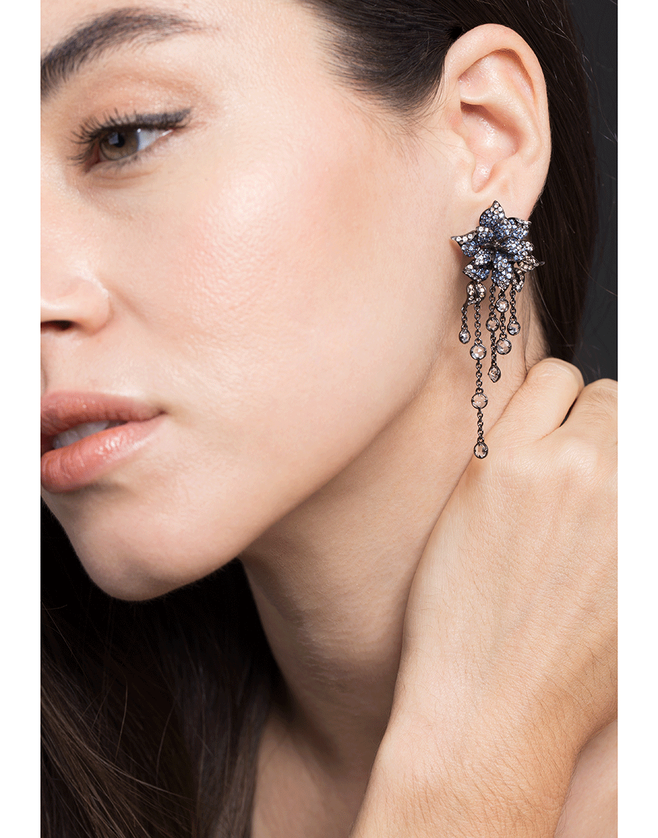 WENDY YUE-Blue Sapphire and Diamond Flower Earrings-WHITE GOLD