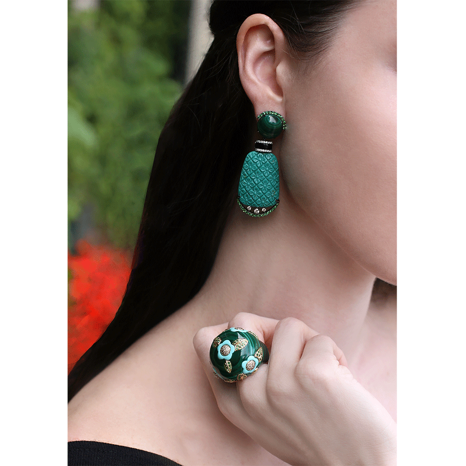 WENDY YUE-Carved Green Turquoise Earrings-WHITE GOLD
