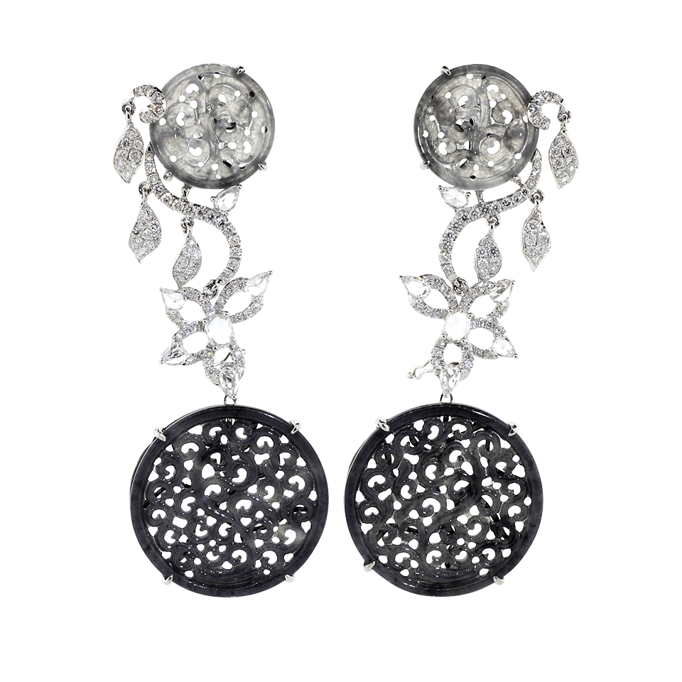 WENDY YUE-Carved Jade And Diamond Earrings-WHITE GOLD
