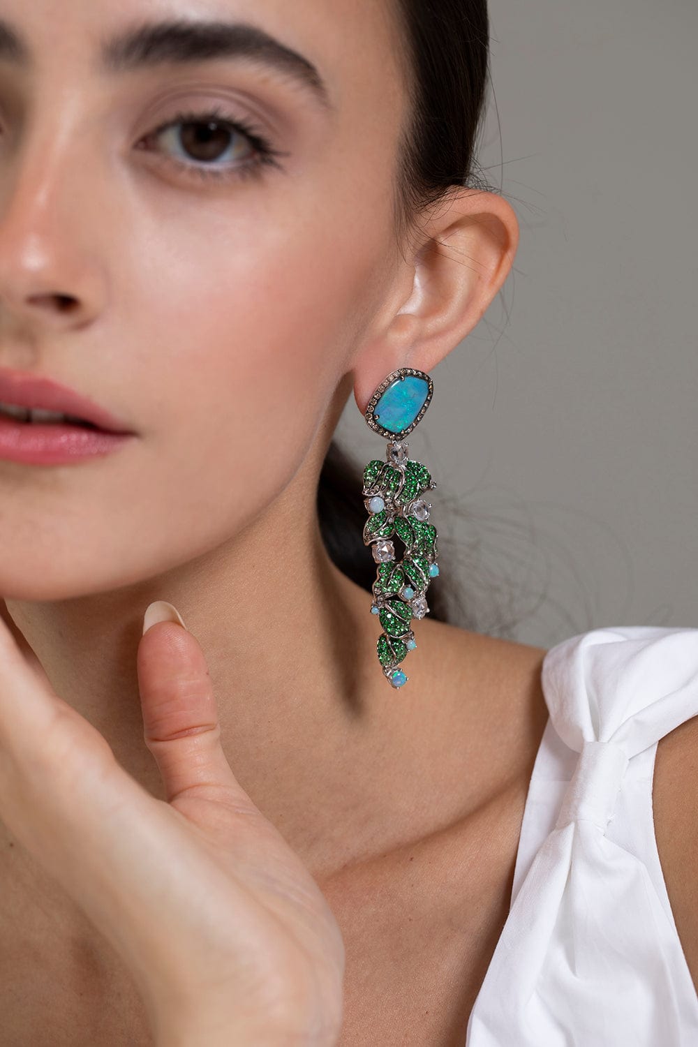 WENDY YUE-Opal and Tsavorite Leaf Earrings-WHITE GOLD