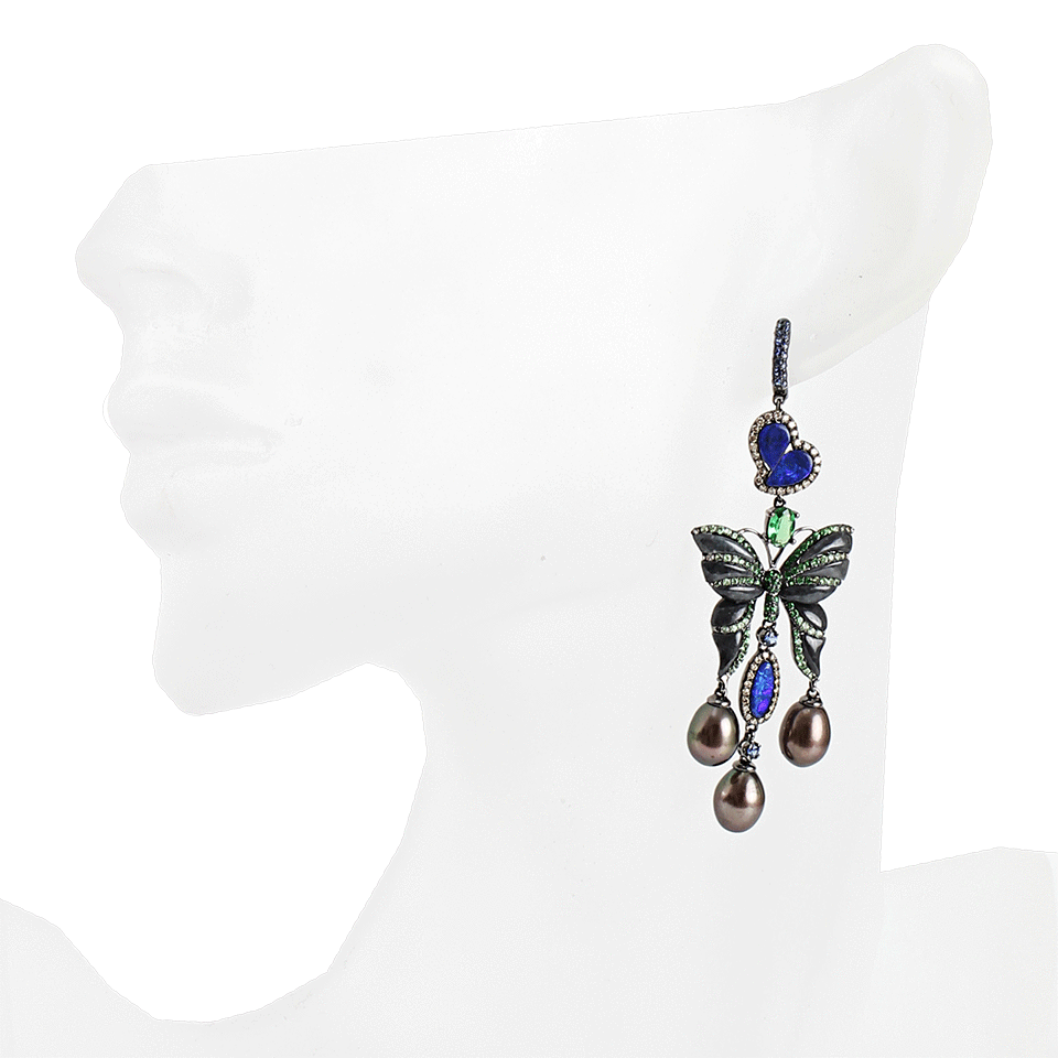 WENDY YUE-Black Pearl Jade and Opal Butterfly Earrings-WHT GOLD