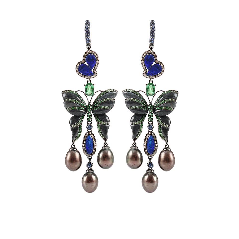 WENDY YUE-Black Pearl Jade and Opal Butterfly Earrings-WHT GOLD