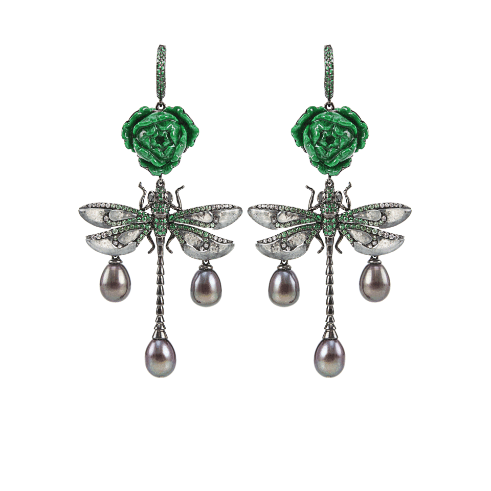 WENDY YUE-Rose and Dragonfly Drop Earrings-WHT GOLD