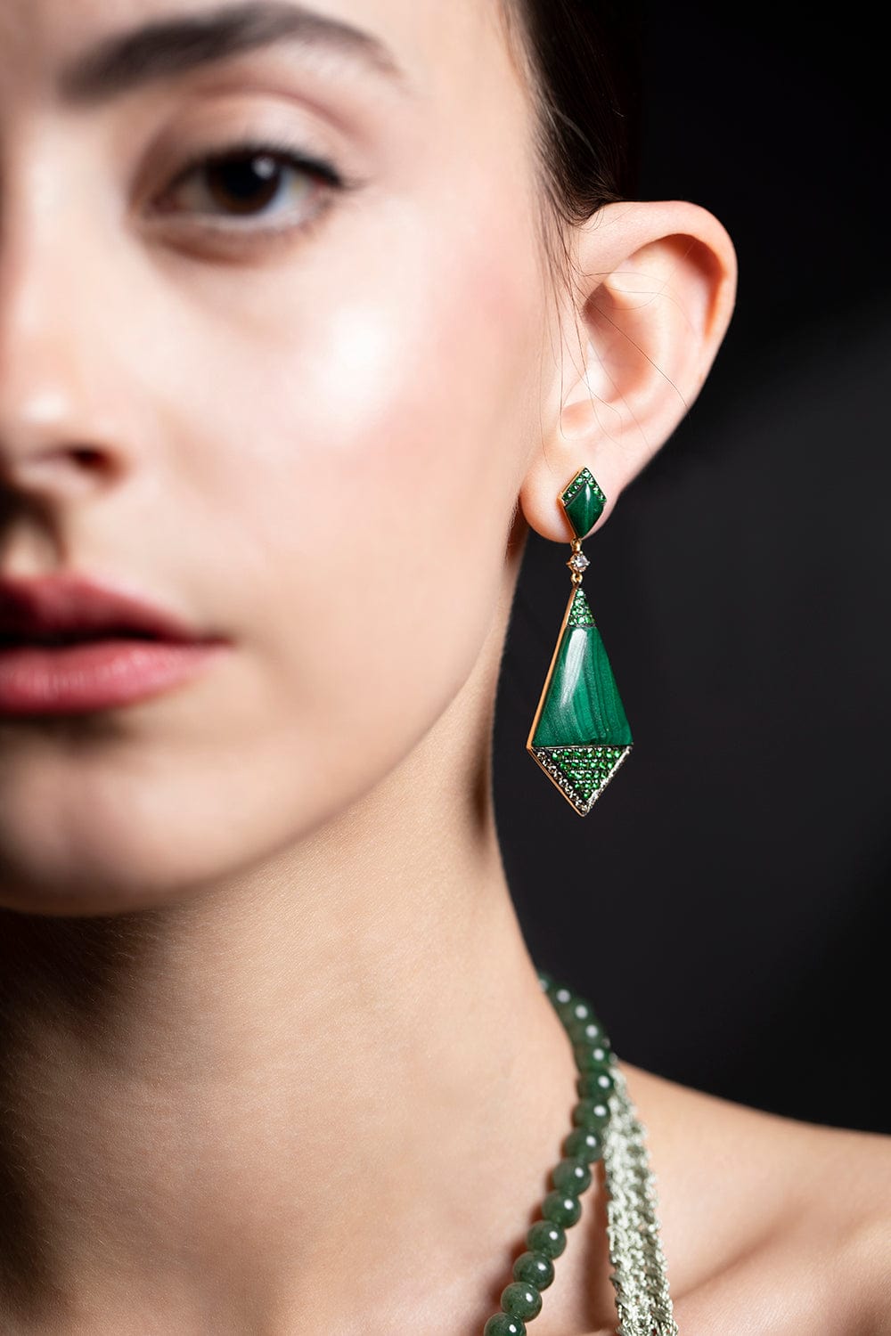 WENDY YUE-Malachite Shield Earrings-YELLOW GOLD