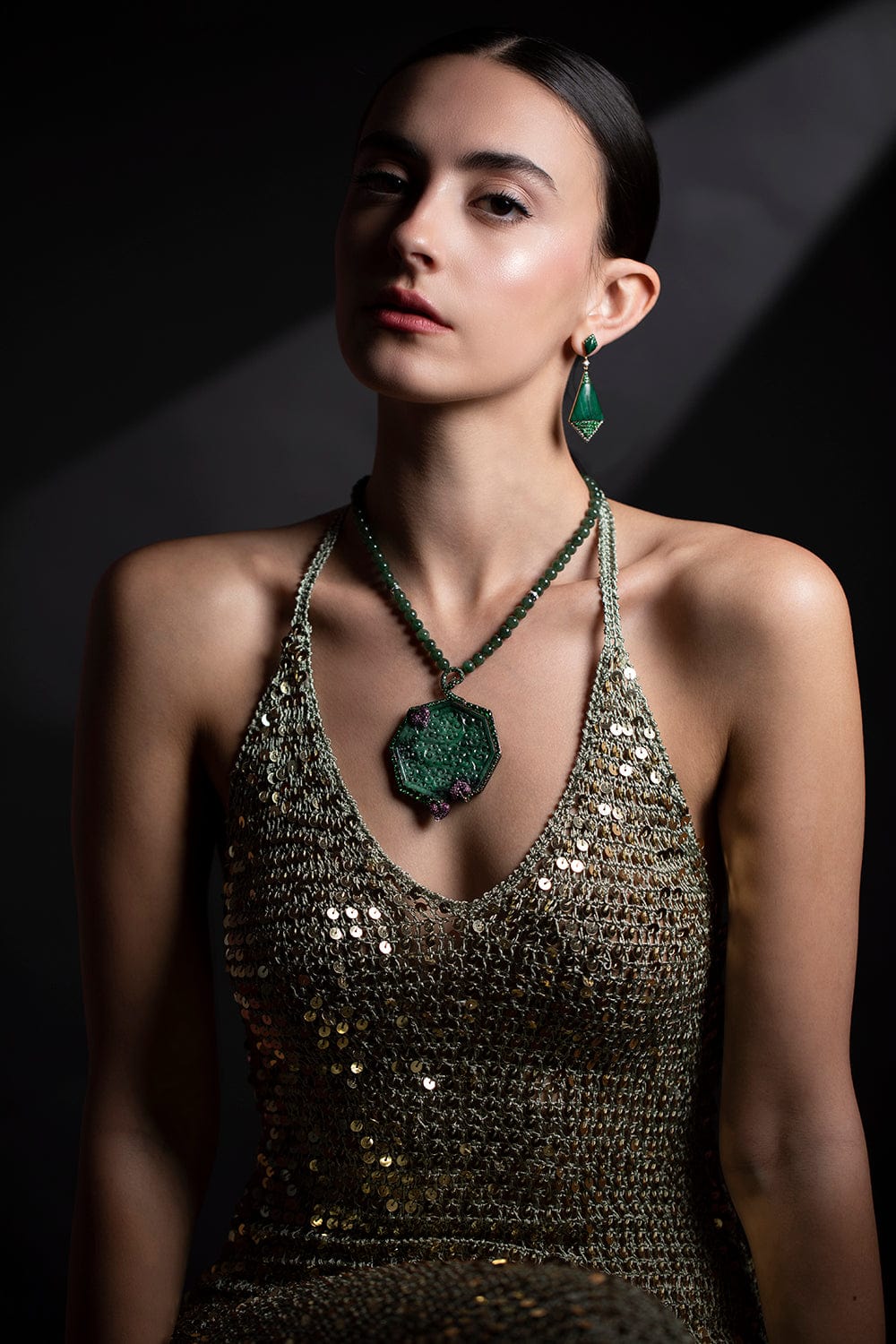 WENDY YUE-Malachite Shield Earrings-YELLOW GOLD