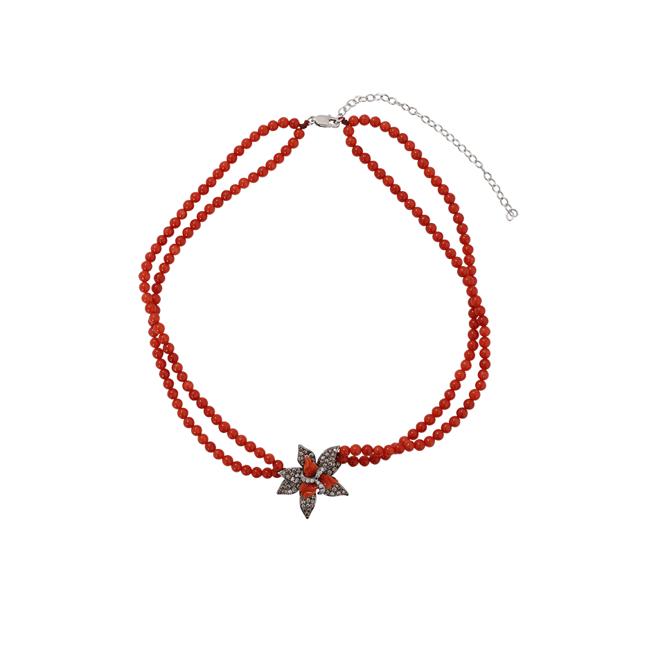 WENDY YUE-Diamond And Coral Bead Flower Choker-WHITE GOLD