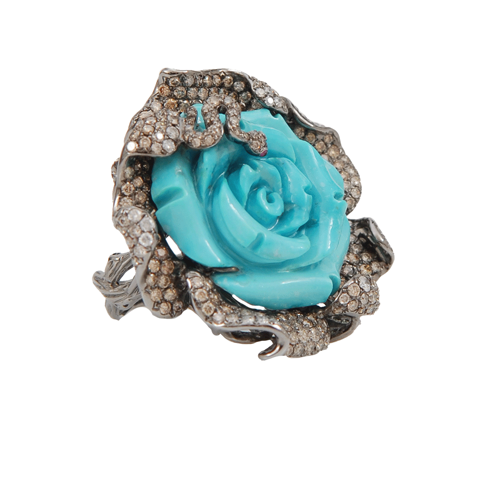 WENDY YUE-Carved Turquoise Flower Ring-BLACK GOLD