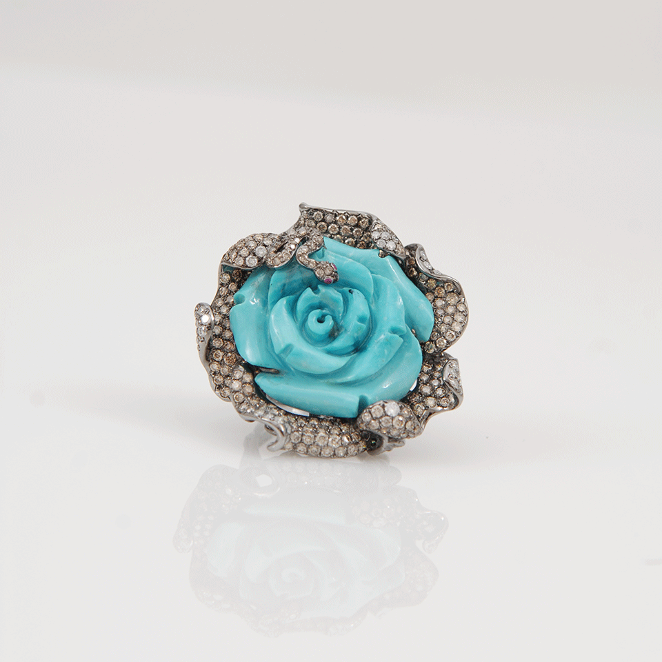 WENDY YUE-Carved Turquoise Flower Ring-BLACK GOLD