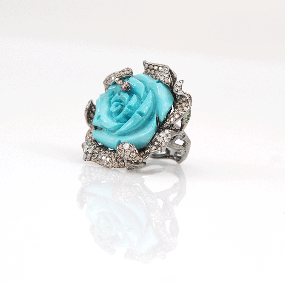 WENDY YUE-Carved Turquoise Flower Ring-BLACK GOLD