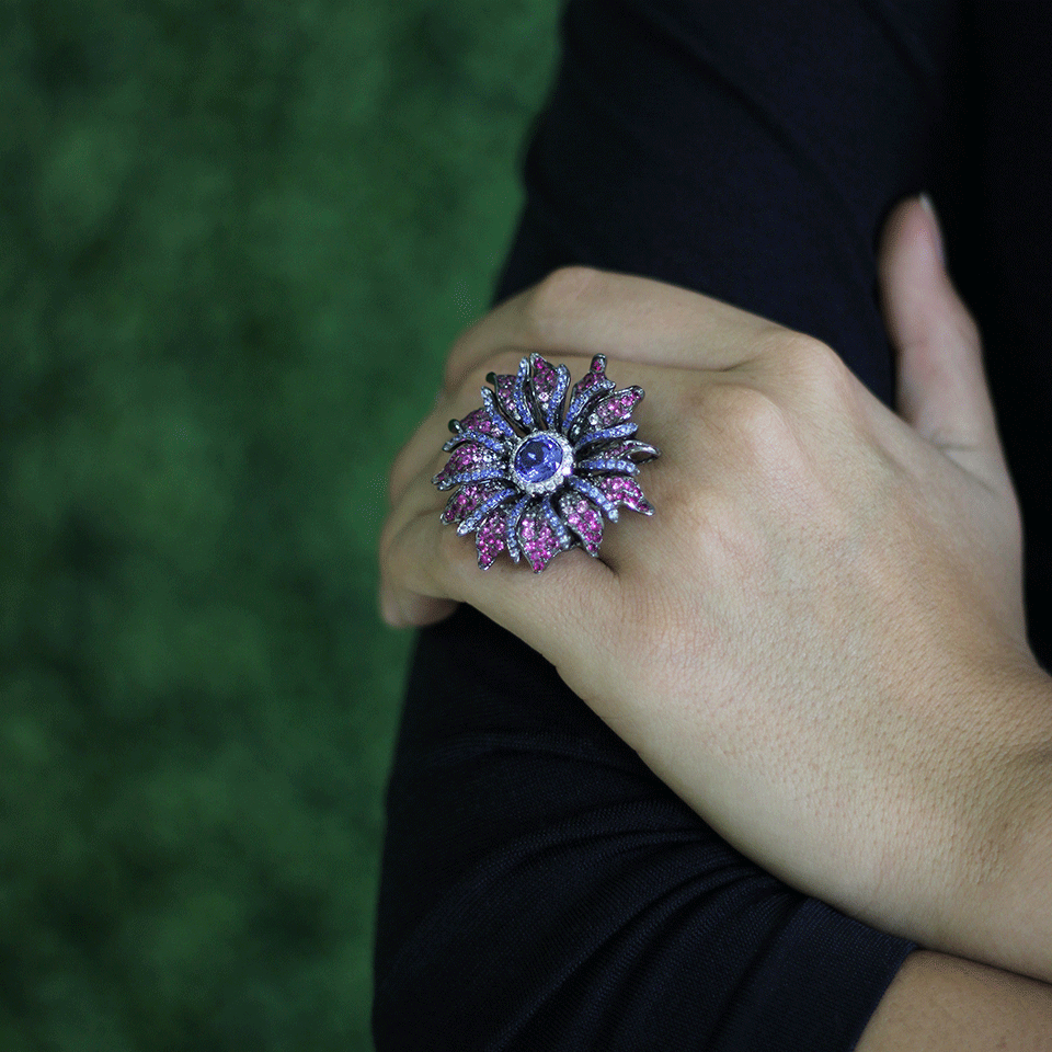 WENDY YUE-Tanzanite Flower Ring-BLACK GOLD