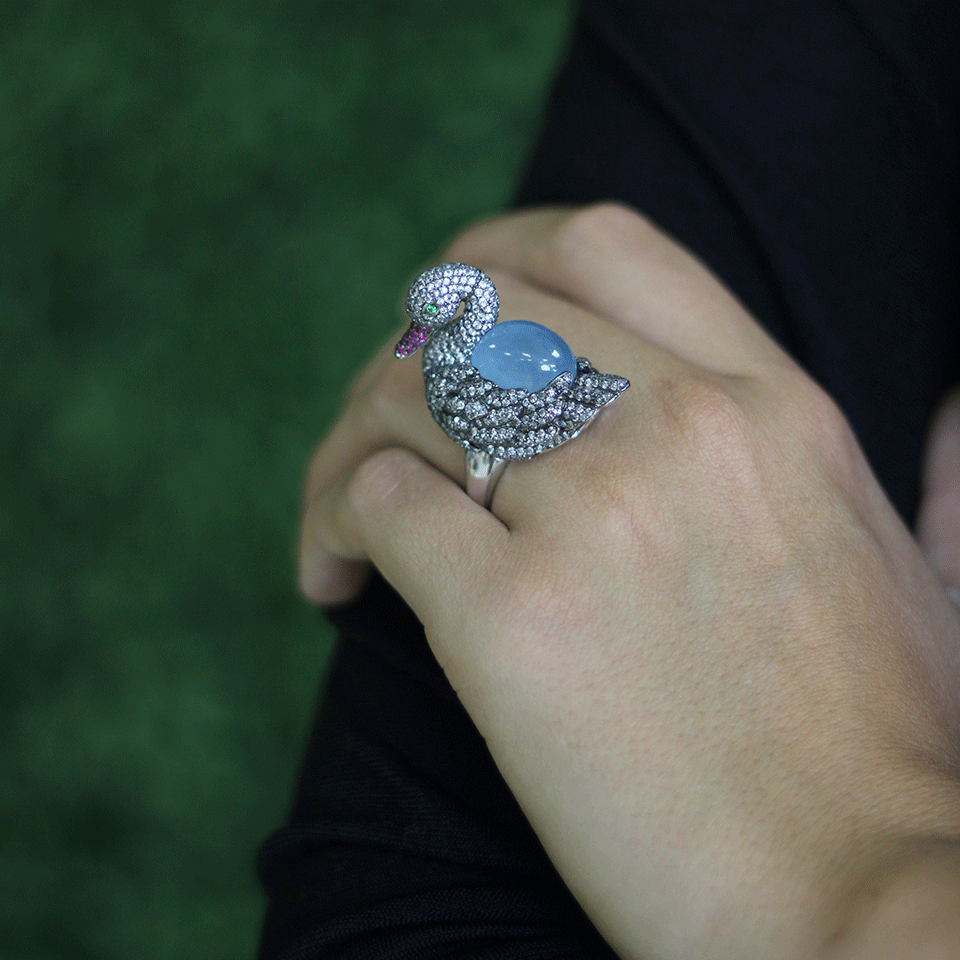 WENDY YUE-Aquamarine Swan Ring-BLACK GOLD