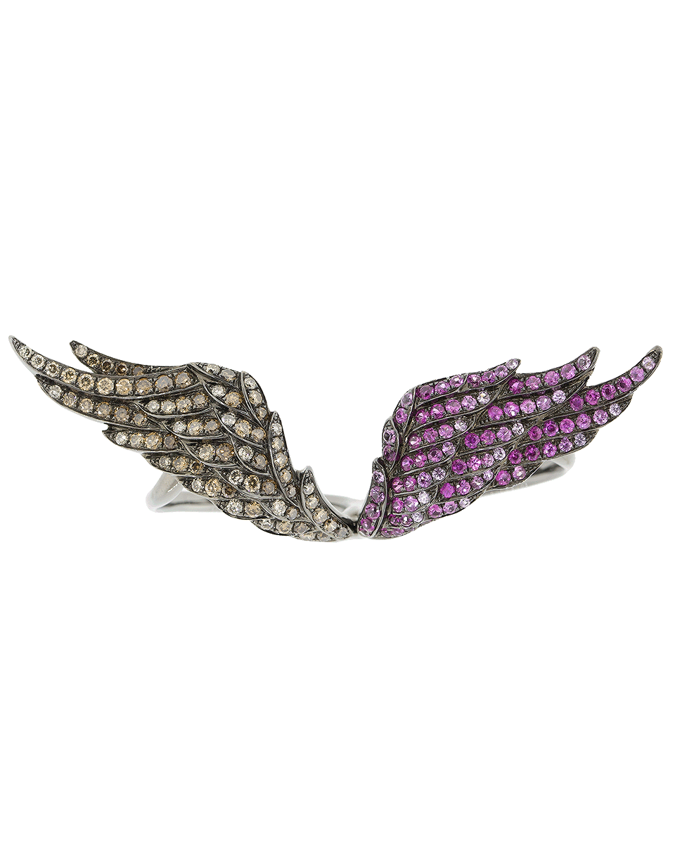 WENDY YUE-Double Finger Diamond And Sapphire Wings Ring-BLACK GOLD