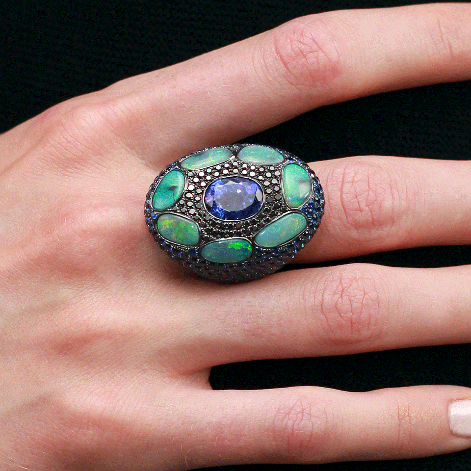 WENDY YUE-Tanzanite Ring With Opal-BLACK GOLD