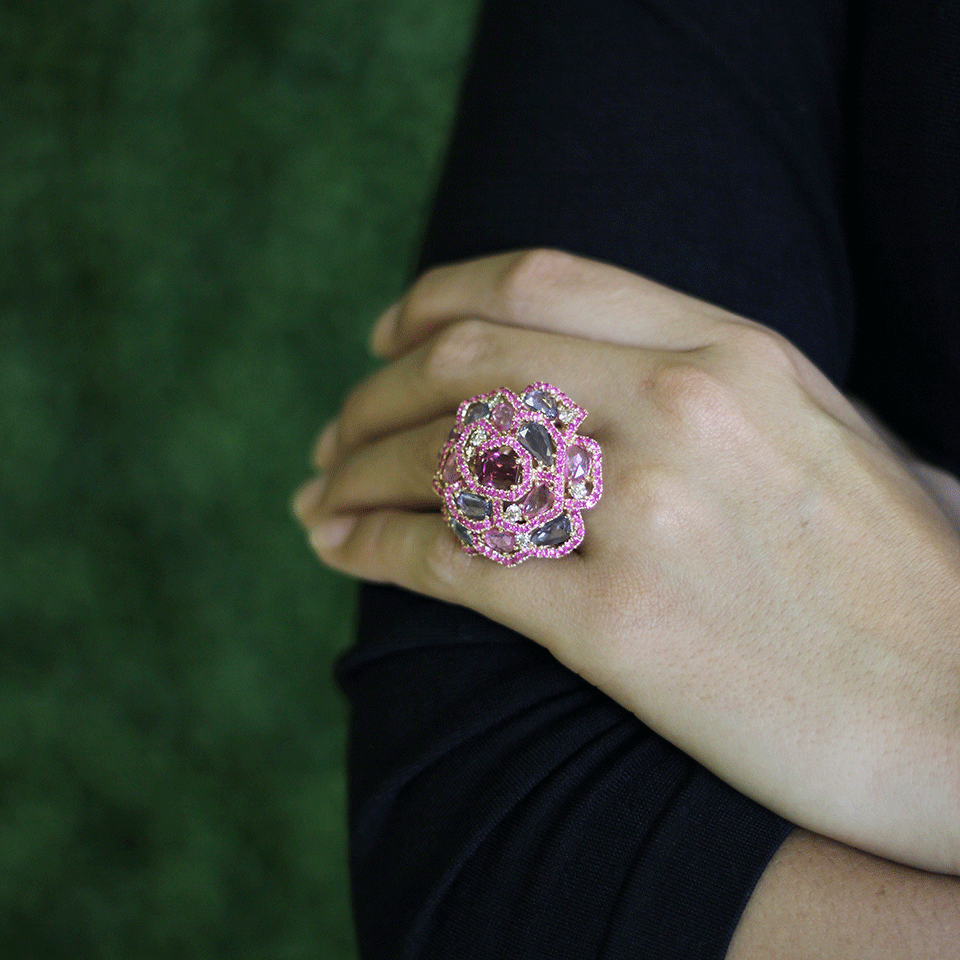 WENDY YUE-Multi Color Sapphire Flower Ring-ROSE GOLD