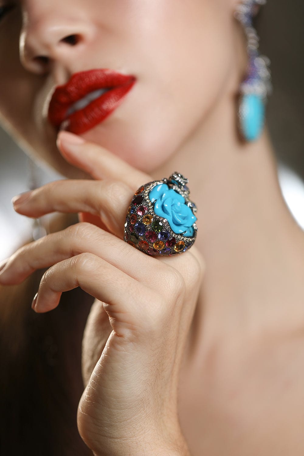 WENDY YUE-Turquoise Carved Rose Cocktail Ring-WHITE GOLD