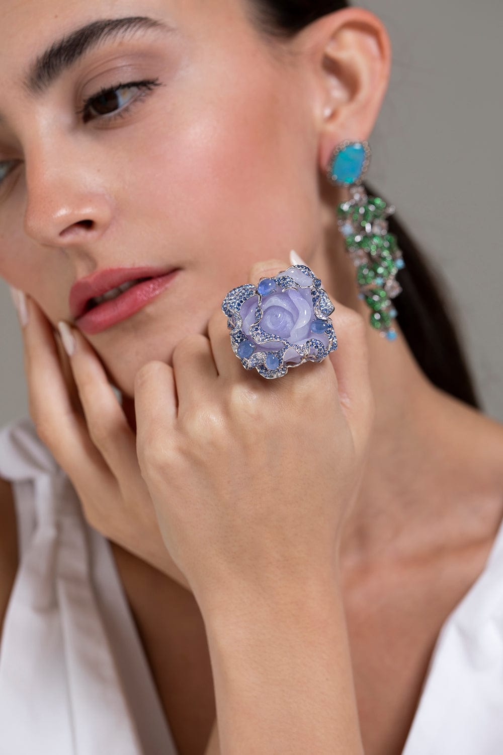 WENDY YUE-Purple Jade Carved Flower Ring-WHITE GOLD