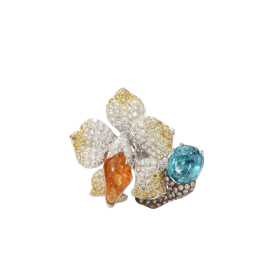 WENDY YUE-Mandarin Garnet Flower Ring-WHITE GOLD