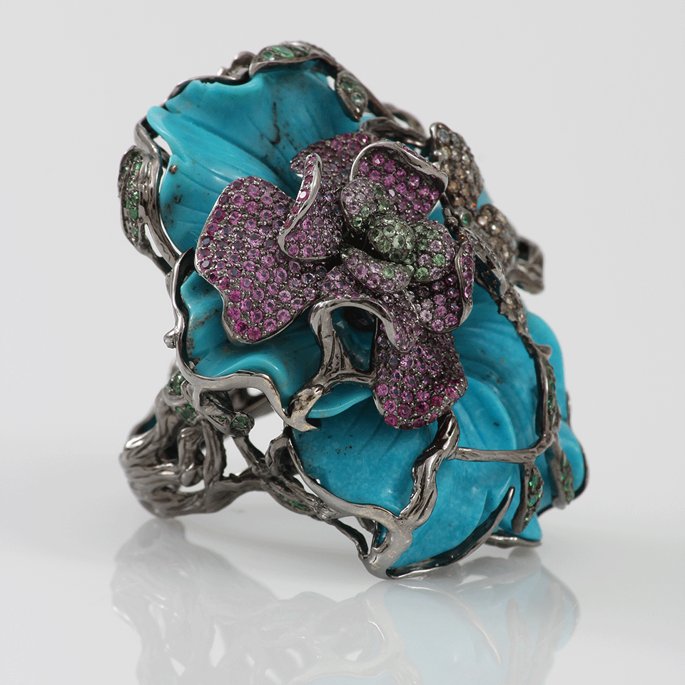 WENDY YUE-Carved Turquoise Flower Ring-WHITE GOLD