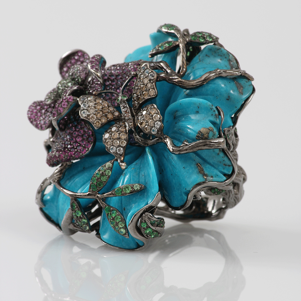 WENDY YUE-Carved Turquoise Flower Ring-WHITE GOLD