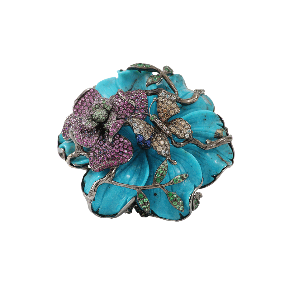 WENDY YUE-Carved Turquoise Flower Ring-WHITE GOLD