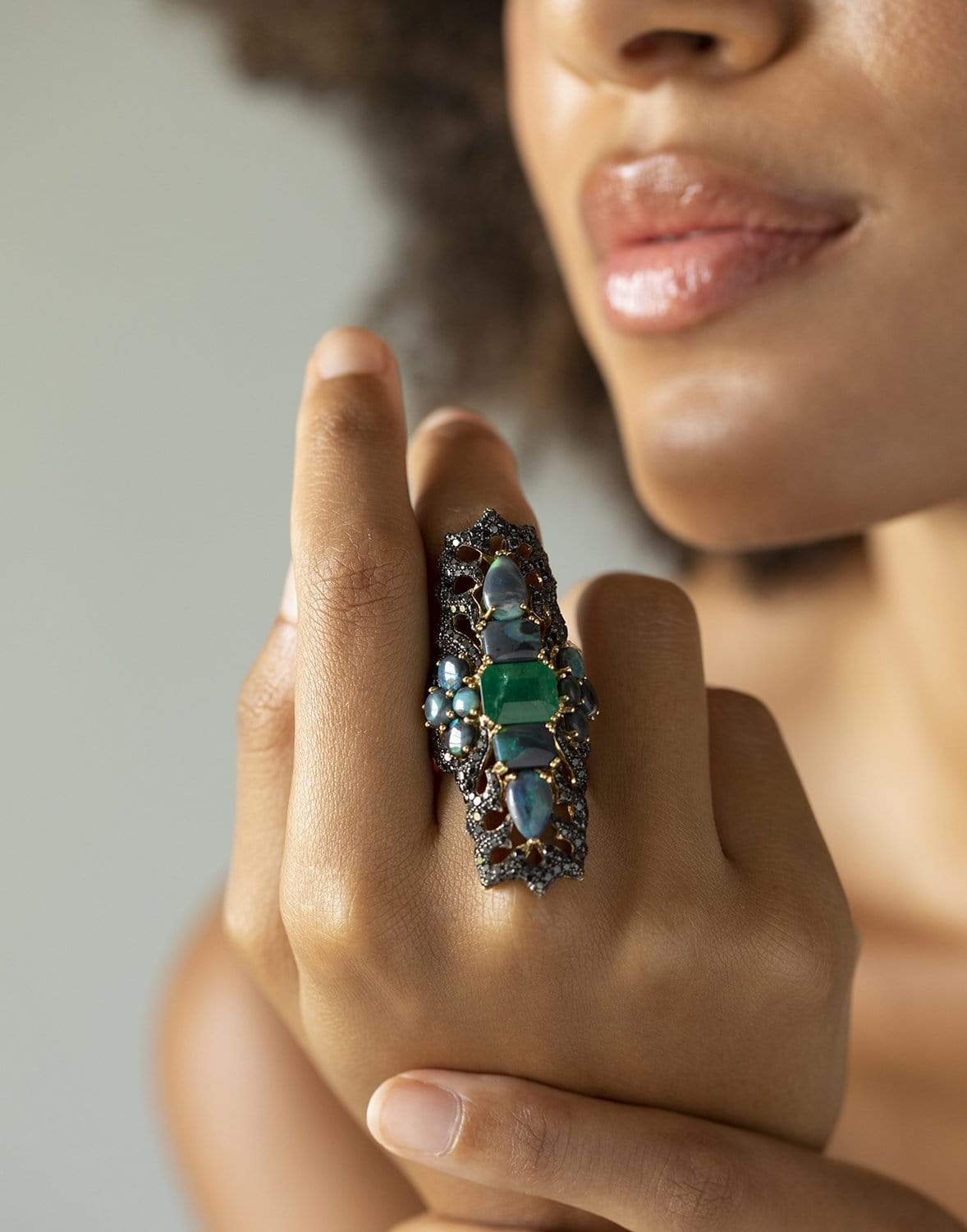 WENDY YUE-Emerald and Opal Statement Ring-YELLOW GOLD