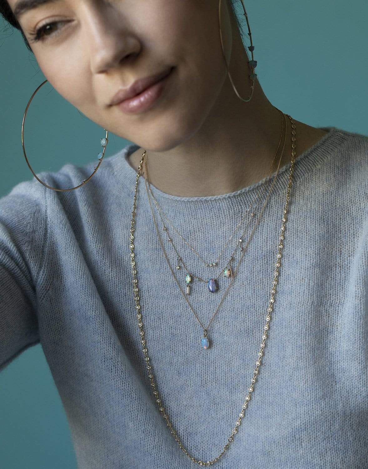 WWAKE-Sapphire, Moonstone and Diamond Linear Chain Necklace-YELLOW GOLD