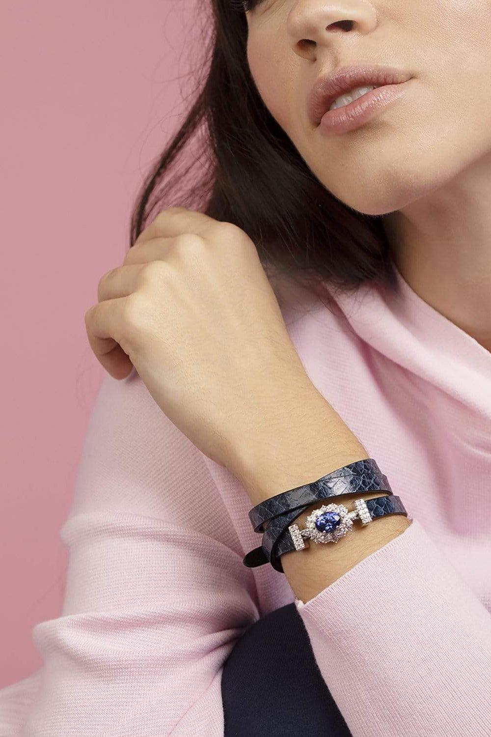 Tanzanite and Diamond Stamped Blue Leather Wrap Bracelet-WHITE GOLD-JEWELRYFINE JEWELBRACELET O-YEPREM JEWELLERY