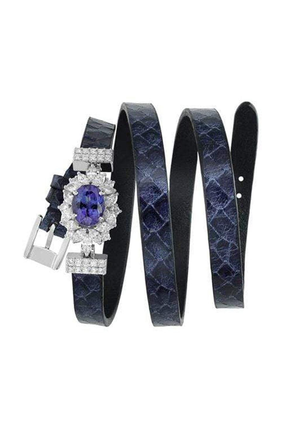 Tanzanite and Diamond Stamped Blue Leather Wrap Bracelet-WHITE GOLD-JEWELRYFINE JEWELBRACELET O-YEPREM JEWELLERY