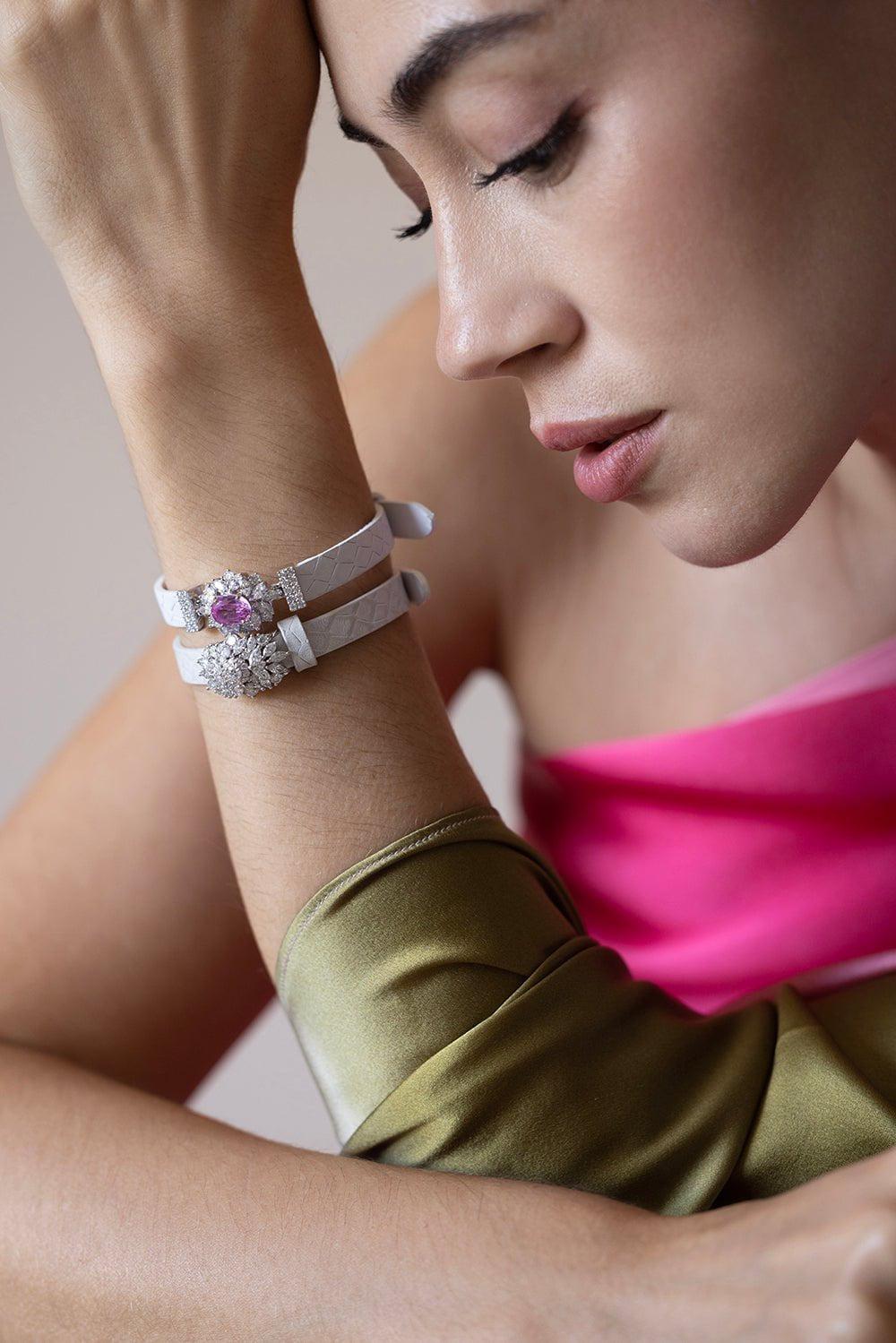 YEPREM JEWELLERY-Diamond Single Strap Leather Bracelet-WHITE GOLD
