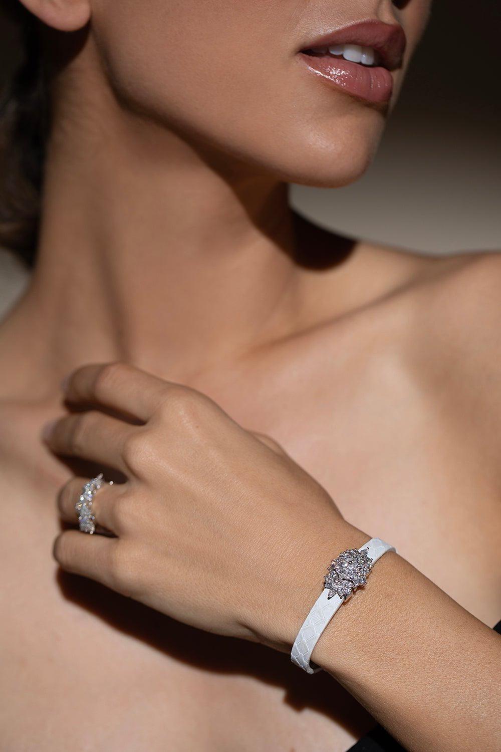 YEPREM JEWELLERY-Diamond Single Strap Leather Bracelet-WHITE GOLD