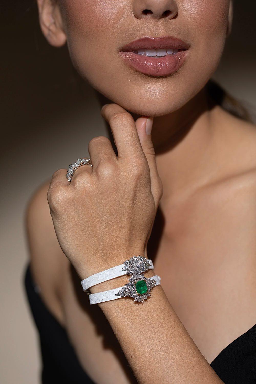 YEPREM JEWELLERY-Diamond Single Strap Leather Bracelet-WHITE GOLD