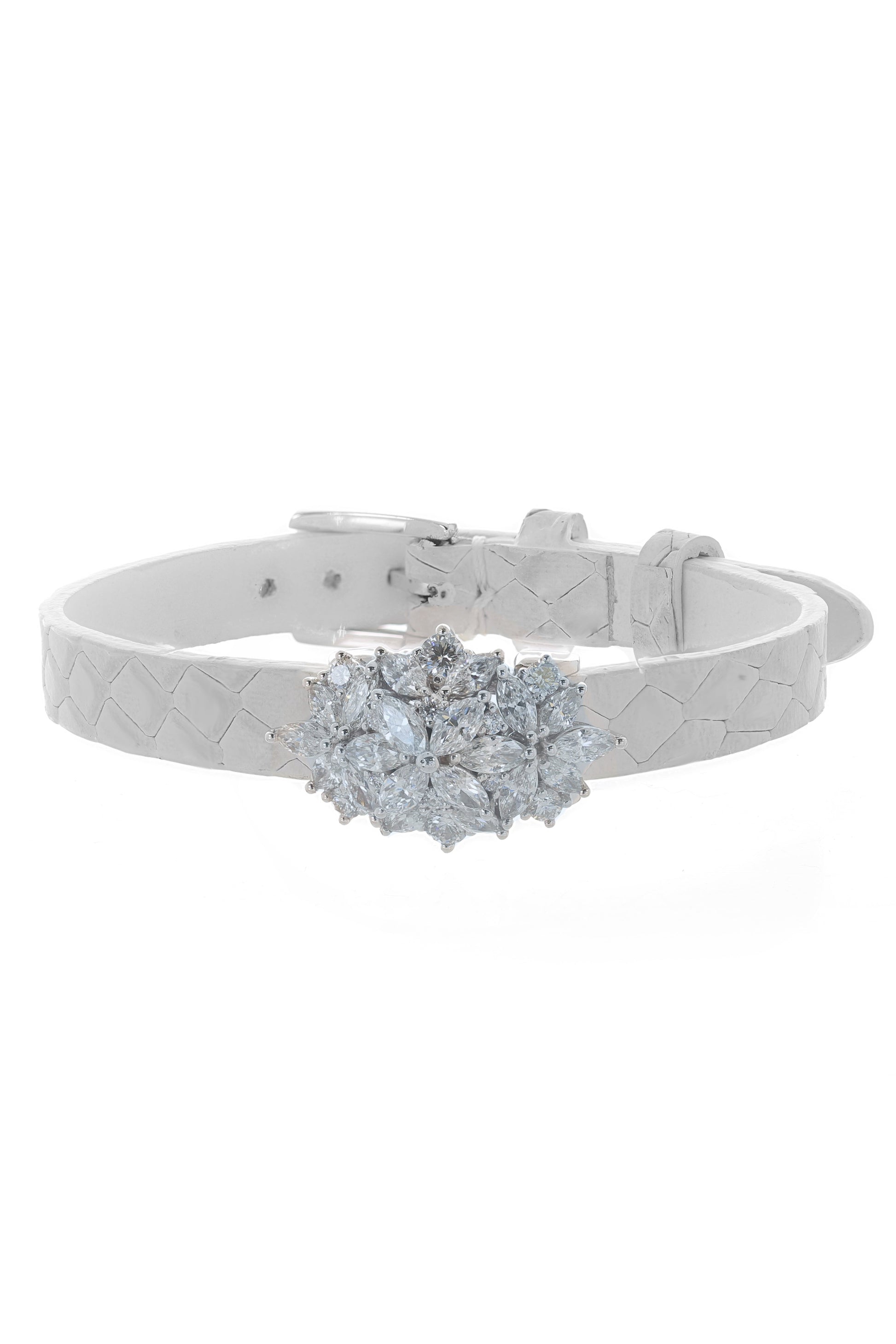 YEPREM JEWELLERY-Diamond Single Strap Leather Bracelet-WHITE GOLD