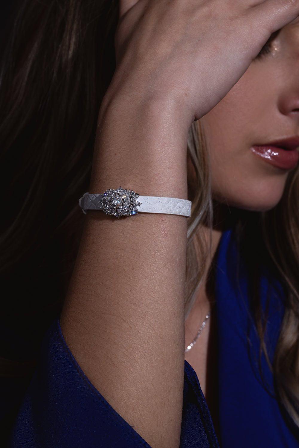 YEPREM JEWELLERY-Diamond Stamped Leather Wrap Bracelet-WHITE GOLD